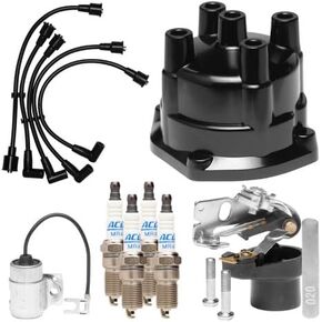 Tune up kit for 1963-1989 Mercruiser and OMC 2.5L and 3.0L with conventional point ignition. Distributor cap, spark plugs, wires, points, condenser