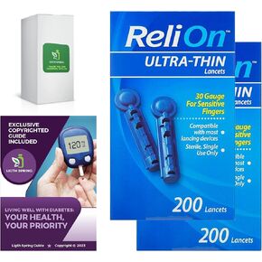 Relion Ultra-Shin-Lancets ، مقياس 30 ، للأصابع الحساسة ، حزمة 200 CT (2 Pack) مع دليل إضاءة وربيعة أفضل حصرية مع مرض السكري (3 عناصر)
