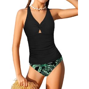 Girls Swimsuit 2 Piece Twist Tankini Swimsuits Ruched Tropical Printed Girl Bathing Suit for 9-16 Years