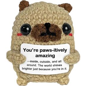 Pug Gifts for Pug Lovers, Positive Crochet Animals Dog Puppy, Mini Cute Pug Decor, Easter Basket Stuffers Encouragement Inspirational Gifts for Women