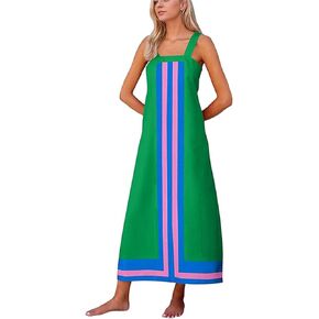 Ailoqing 2025 Women Bohemian Floral Dress Summer Casual Color Block Maxi Beach Overall Dress Coverups