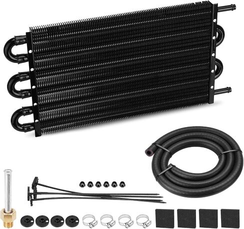 Upgrade 10 Pass Aluminium Transmission Oil Cooler, 5/16" Universal 10 Rows Tube And Fin Cooler Kit Engine With Hose Mounting, Black in Kuwait