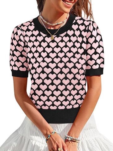 Women Puff Short Sleeve Sweater Casual Cropped Knit Shirts Cute Heart Holidays Graphic Print Pullover Jumper Tops 2025 in Kuwait