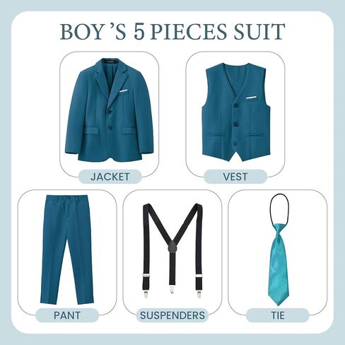 MAGE MALE Boys'5-Piece Suits Multiple Colour Tuxedo Formal Slim Fit Boys Suit Set with Suspenders and Adjustable Waist in Saudi Arabia
