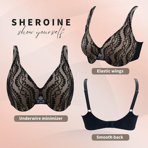 sheroine Women's Minimizer Underwire Sexy Lace Sheer Bra Full Coverage Back Smoothing Non-Padded Everyday Bras in Saudi Arabia