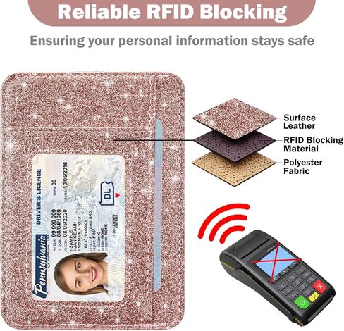 HOTCOOL Card Holder Wallet Front Pocket Minimalist Travel Cute Funny Thin Leather With RFID Blocking Small Credit Card Holder Wallet for Men & Women Girls Organizer Gifts, Glitter Rose in Kuwait