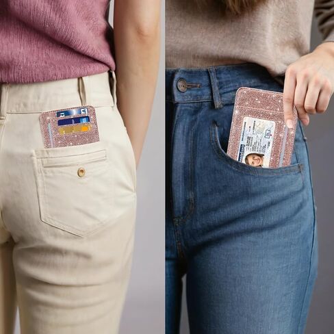 HOTCOOL Card Holder Wallet Front Pocket Minimalist Travel Cute Funny Thin Leather With RFID Blocking Small Credit Card Holder Wallet for Men & Women Girls Organizer Gifts, Glitter Rose in Kuwait