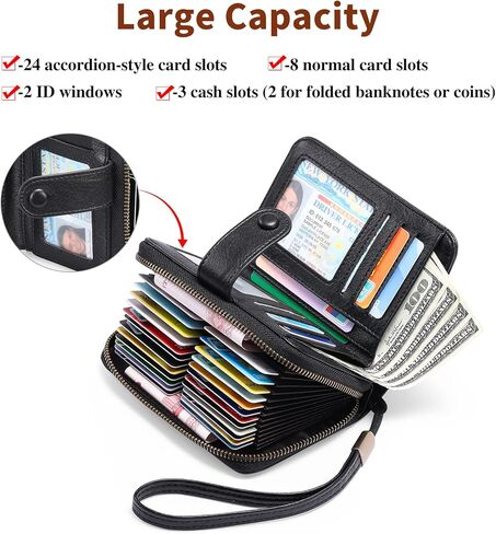 GAEKEAO Leather Credit Card Holder Wallet for Women RFID Blocking Large Capacity Bifold Zipper Card Case Organizer with Wristlet 32 Slots in Kuwait