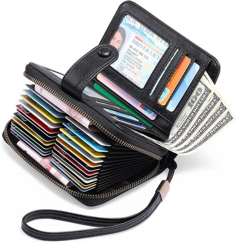 GAEKEAO Leather Credit Card Holder Wallet for Women RFID Blocking Large Capacity Bifold Zipper Card Case Organizer with Wristlet 32 Slots in Kuwait