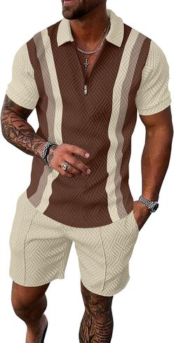Uoua Mens Summer Track Suits 2 قطعة شورتات شورتات قصيرة الأكمام ملابس التعرق 1/4 Zip Golf Polo قمصان مخططة in Kuwait