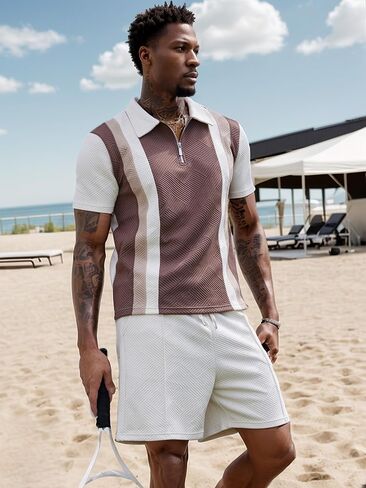 Uoua Mens Summer Track Suits 2 قطعة شورتات شورتات قصيرة الأكمام ملابس التعرق 1/4 Zip Golf Polo قمصان مخططة in Kuwait