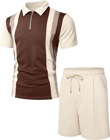 Uoua Mens Summer Track Suits 2 قطعة شورتات شورتات قصيرة الأكمام ملابس التعرق 1/4 Zip Golf Polo قمصان مخططة in Kuwait
