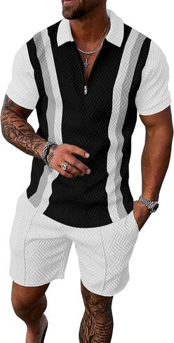 Uoua Mens Summer Track Suits 2 قطعة شورتات شورتات قصيرة الأكمام ملابس التعرق 1/4 Zip Golf Polo قمصان مخططة in Kuwait
