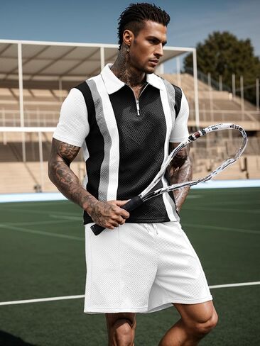 Uoua Mens Summer Track Suits 2 قطعة شورتات شورتات قصيرة الأكمام ملابس التعرق 1/4 Zip Golf Polo قمصان مخططة in Kuwait