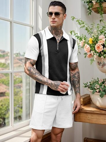 Uoua Mens Summer Track Suits 2 قطعة شورتات شورتات قصيرة الأكمام ملابس التعرق 1/4 Zip Golf Polo قمصان مخططة in Kuwait