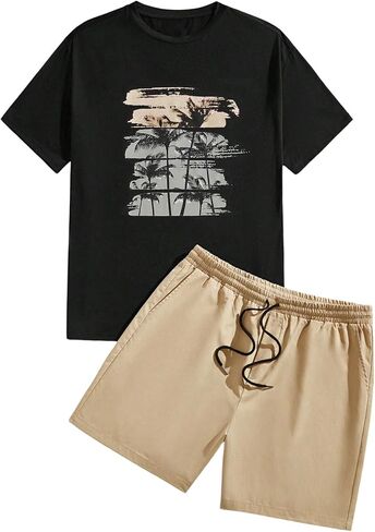 Men's Plus Size 2 Piece Outfits Tropical Print Short Sleeve T-Shirt and Drawstring Shorts Tracksuits in Kuwait