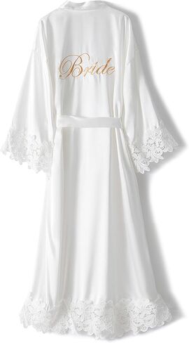 Voguemax Womens Long Bride Bridesmid Robe Lace Trim Sleep Wear Teed of Wedding Silky Kimono Robe in Kuwait