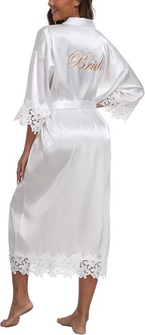 Voguemax Womens Long Bride Bridesmid Robe Lace Trim Sleep Wear Teed of Wedding Silky Kimono Robe in Kuwait