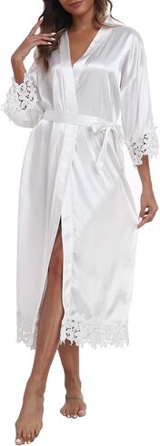 Voguemax Womens Long Bride Bridesmid Robe Lace Trim Sleep Wear Teed of Wedding Silky Kimono Robe in Kuwait