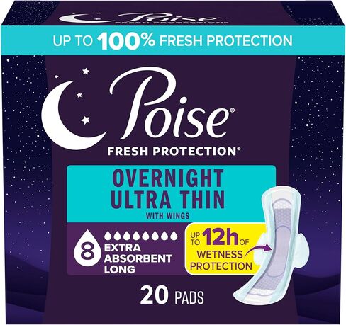 Poise Overnight Ultra Thin Incontinence & Postpartum Pads with Wings for Bladder Leaks, 8 Drop Extra Absorbent, Long Length, 20 Count in Saudi Arabia