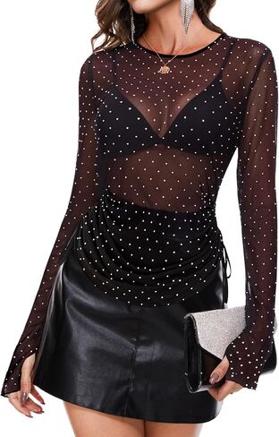 BBX Lephsnt Women Mesh Tops Rhinestone Tops Long Sleeve Sheer Blouse See Through Shirt Sparkle Glitter Shirts Lace Tops in Saudi Arabia