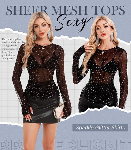 BBX Lephsnt Women Mesh Tops Rhinestone Tops Long Sleeve Sheer Blouse See Through Shirt Sparkle Glitter Shirts Lace Tops in Saudi Arabia