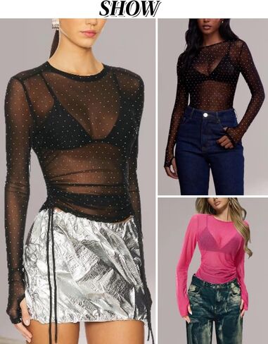 BBX Lephsnt Women Mesh Tops Rhinestone Tops Long Sleeve Sheer Blouse See Through Shirt Sparkle Glitter Shirts Lace Tops in Saudi Arabia