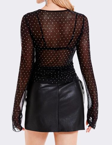 BBX Lephsnt Women Mesh Tops Rhinestone Tops Long Sleeve Sheer Blouse See Through Shirt Sparkle Glitter Shirts Lace Tops in Saudi Arabia