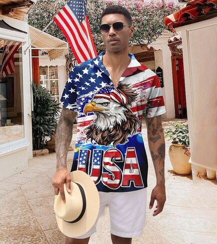 RAISEVERN Patriotic Shirts for Men 4th of July America Flag Hawaiian Shirt Button Down Short Sleeve in Saudi Arabia