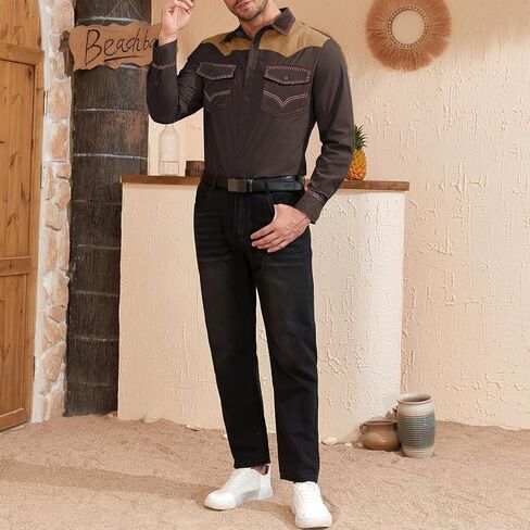 American Trends Mens Western Shirts Long Sleeve Cowboy Shirts for Men Casual Button Down Shirts Country Shirt in Saudi Arabia