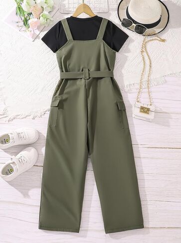 Girls Overalls Short Sleeve Top and Casual Wide Leg Jumpsuit 2 Pieces Outfits in Saudi Arabia