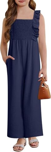 Girls Jumpsuit Ruffle Sleeveless Smocked Wide Leg Romper One Piece Summer Outfits with Pockets in Kuwait