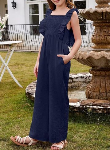 Girls Jumpsuit Ruffle Sleeveless Smocked Wide Leg Romper One Piece Summer Outfits with Pockets in Kuwait