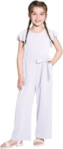 Girls Jumpsuit Wide Leg Loose Ruffle Sleeve Crew Neck Rompers with Pockets Summer Casual Fashion 5-14Y in Kuwait