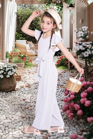 Girls Jumpsuit Wide Leg Loose Ruffle Sleeve Crew Neck Rompers with Pockets Summer Casual Fashion 5-14Y in Kuwait
