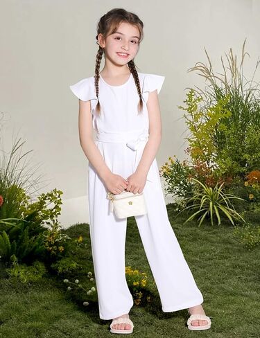Girls Jumpsuit Wide Leg Loose Ruffle Sleeve Crew Neck Rompers with Pockets Summer Casual Fashion 5-14Y in Kuwait