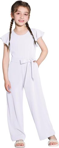 Girls Jumpsuit Wide Leg Loose Ruffle Sleeve Crew Neck Rompers with Pockets Summer Casual Fashion 5-14Y in Kuwait