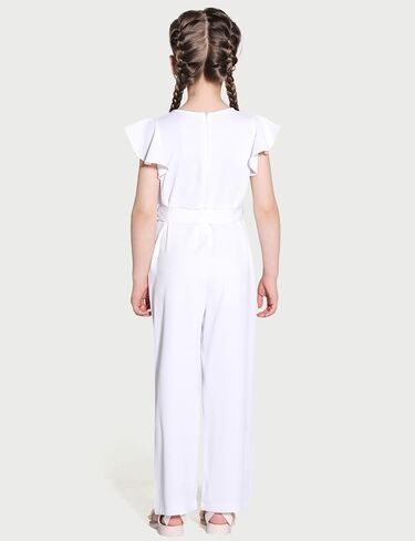Girls Jumpsuit Wide Leg Loose Ruffle Sleeve Crew Neck Rompers with Pockets Summer Casual Fashion 5-14Y in Kuwait