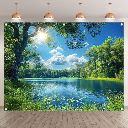 ZTHMOE النسيج 7x5ft بحيرة المناظر الطبيعية خلفية نهر الغابات شجرة السماء الزرقاء خلفية نزهة التخييم المشي لمسافات طويلة الربيع زينة الحفلات في الهواء الطلق التقطت الصور راية الدعائم in Kuwait