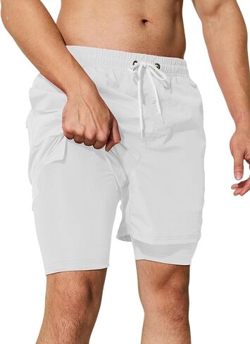 Mens Swim Trunks with Compression Liner 5 inch Inseam Quick Dry Bathing Suit 2 in 1 Board Shorts in Saudi Arabia