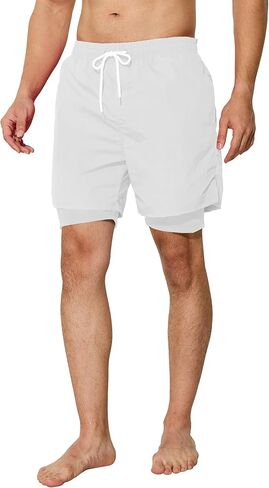 Mens Swim Trunks with Compression Liner 5 inch Inseam Quick Dry Bathing Suit 2 in 1 Board Shorts in Saudi Arabia