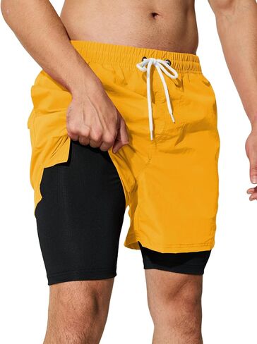 Mens Swim Trunks with Compression Liner 5 inch Inseam Quick Dry Bathing Suit 2 in 1 Board Shorts in Saudi Arabia