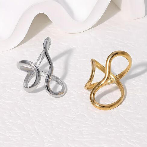 Chunky Rings For Women, Gold Silver Thumb Ring Asymmetrical Wavy Curve Ring Adjustable Non Tarnish Dainty Stainless Steel New Year Anniversary Birthday Jewelry Gift in Kuwait