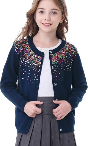 Rolanko Girls Cardigan Sparkling Sequin Kids Knit Button Up Sweater Cardigan Long Sleeve 4-11 Years in Saudi Arabia