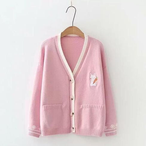 Pink Kawaii Preppy Bunny Cardigan Sweater for Girl Loose Embroidery Plaid Soft Cozy Sweater 10 12 14Gift in Saudi Arabia