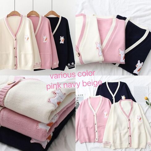 Pink Kawaii Preppy Bunny Cardigan Sweater for Girl Loose Embroidery Plaid Soft Cozy Sweater 10 12 14Gift in Saudi Arabia