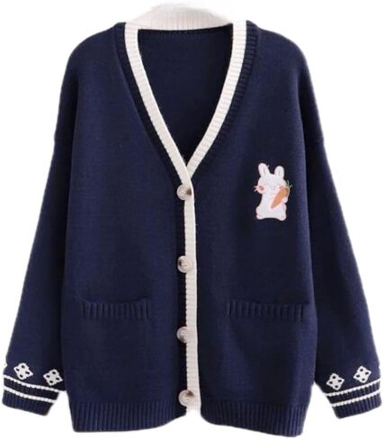 Pink Kawaii Preppy Bunny Cardigan Sweater for Girl Loose Embroidery Plaid Soft Cozy Sweater 10 12 14Gift in Saudi Arabia