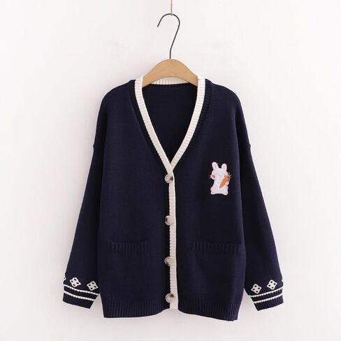 Pink Kawaii Preppy Bunny Cardigan Sweater for Girl Loose Embroidery Plaid Soft Cozy Sweater 10 12 14Gift in Saudi Arabia