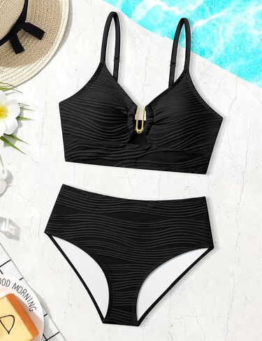 Girls Swimsuit High Waisted Girls Bathing Suit V Neck Cutout Two Piece Swimwear Ruched Solid Padded Bikini Sets 9-16Y in Saudi Arabia