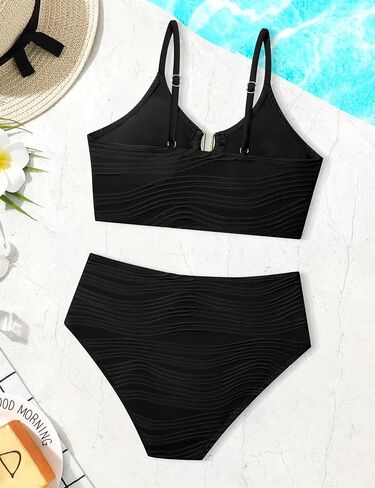 Girls Swimsuit High Waisted Girls Bathing Suit V Neck Cutout Two Piece Swimwear Ruched Solid Padded Bikini Sets 9-16Y in Saudi Arabia